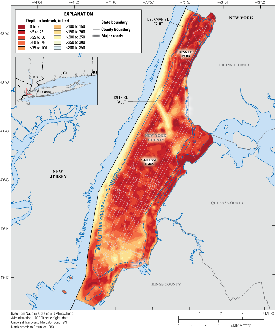 Depth to bedrock shown as colors corresponding to various increments. Total range
of depth is 0 to 350 feet.