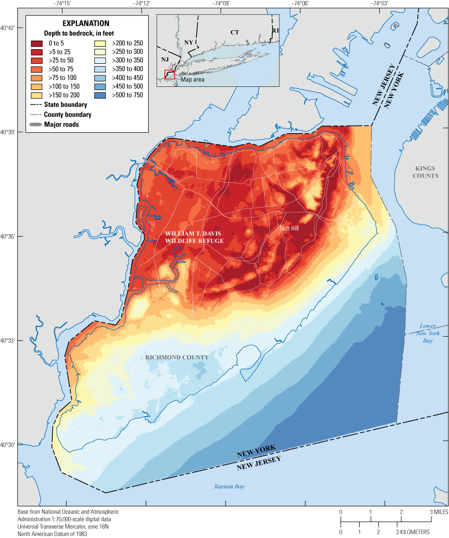 Depth to bedrock shown as colors corresponding to various increments. Total range
of depth is 0 to 750 feet.